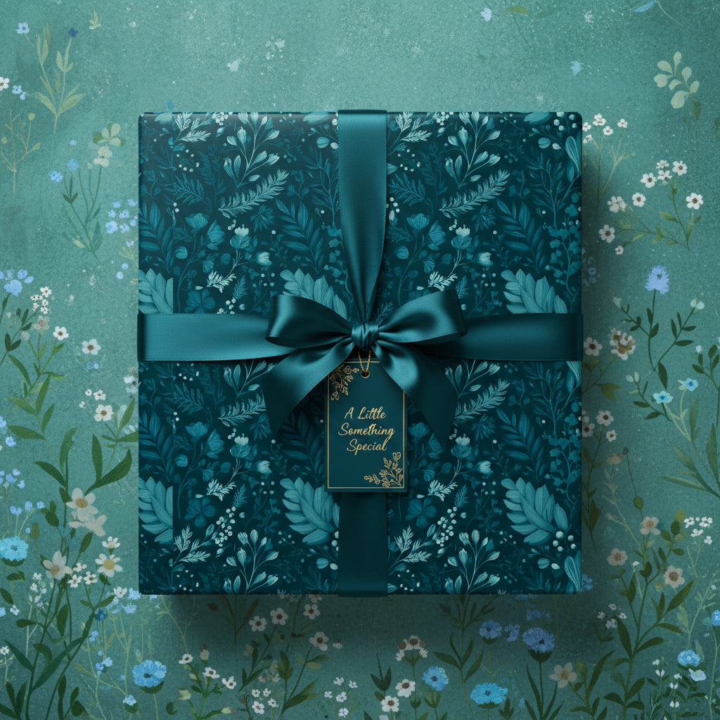 Teal square gift box wrapped in floral wrapping paper with satin ribbon and gift tag.