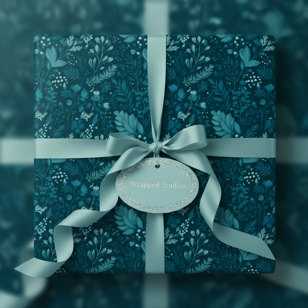 Teal floral wrapping paper on a gift box with matching ribbon bow and tag.