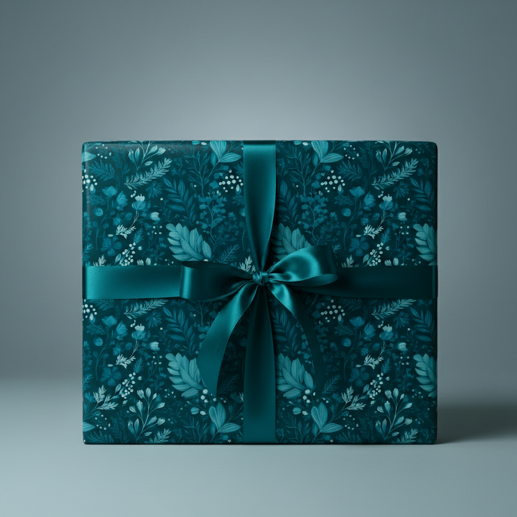 Teal floral wrapping paper on a square gift box tied with a satin ribbon.
