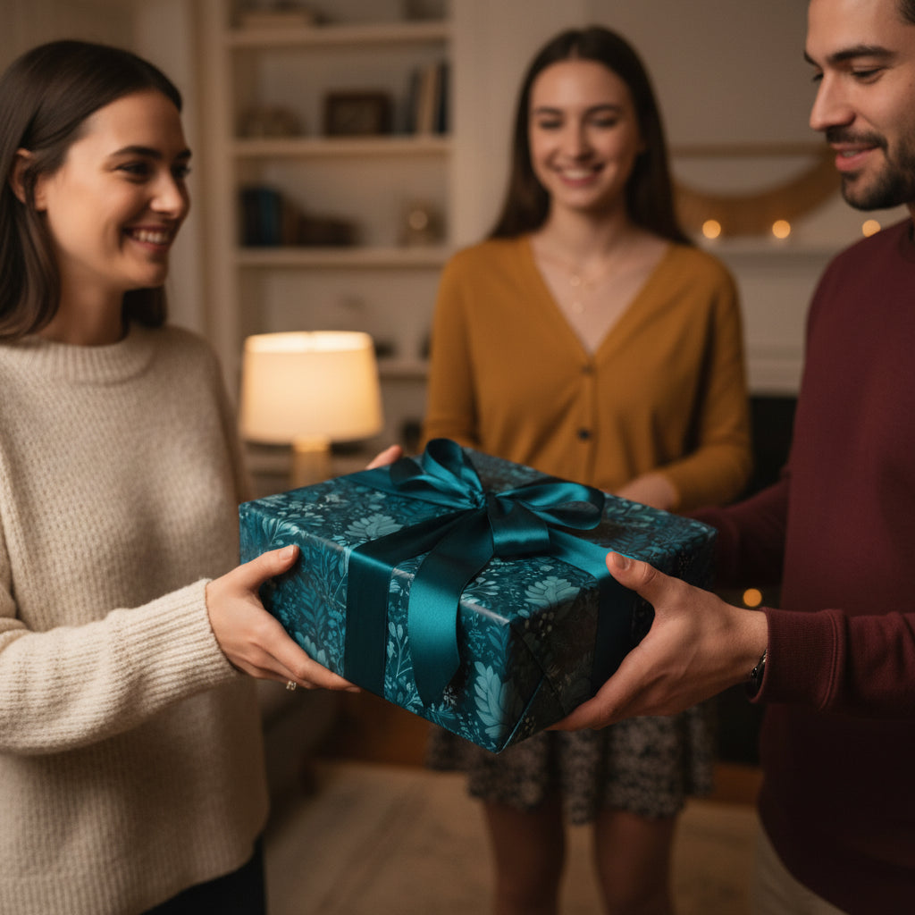 Woman receiving a beautifully wrapped present with dark teal floral wrapping paper and ribbon.