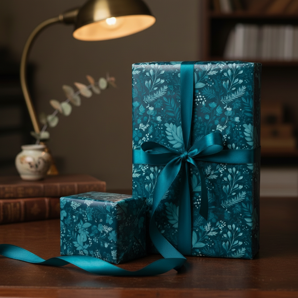 Elegant floral wrapping paper in teal with ribbon, perfect for Christmas or birthday gifts.