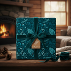Teal floral wrapping paper with velvet ribbon for elegant Christmas or birthday gifts.