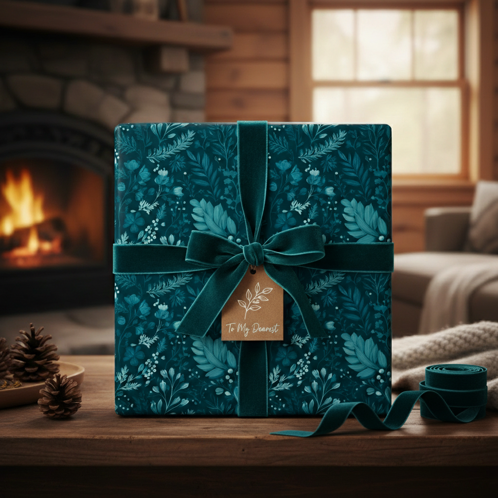 Teal floral wrapping paper with velvet ribbon for elegant Christmas or birthday gifts.