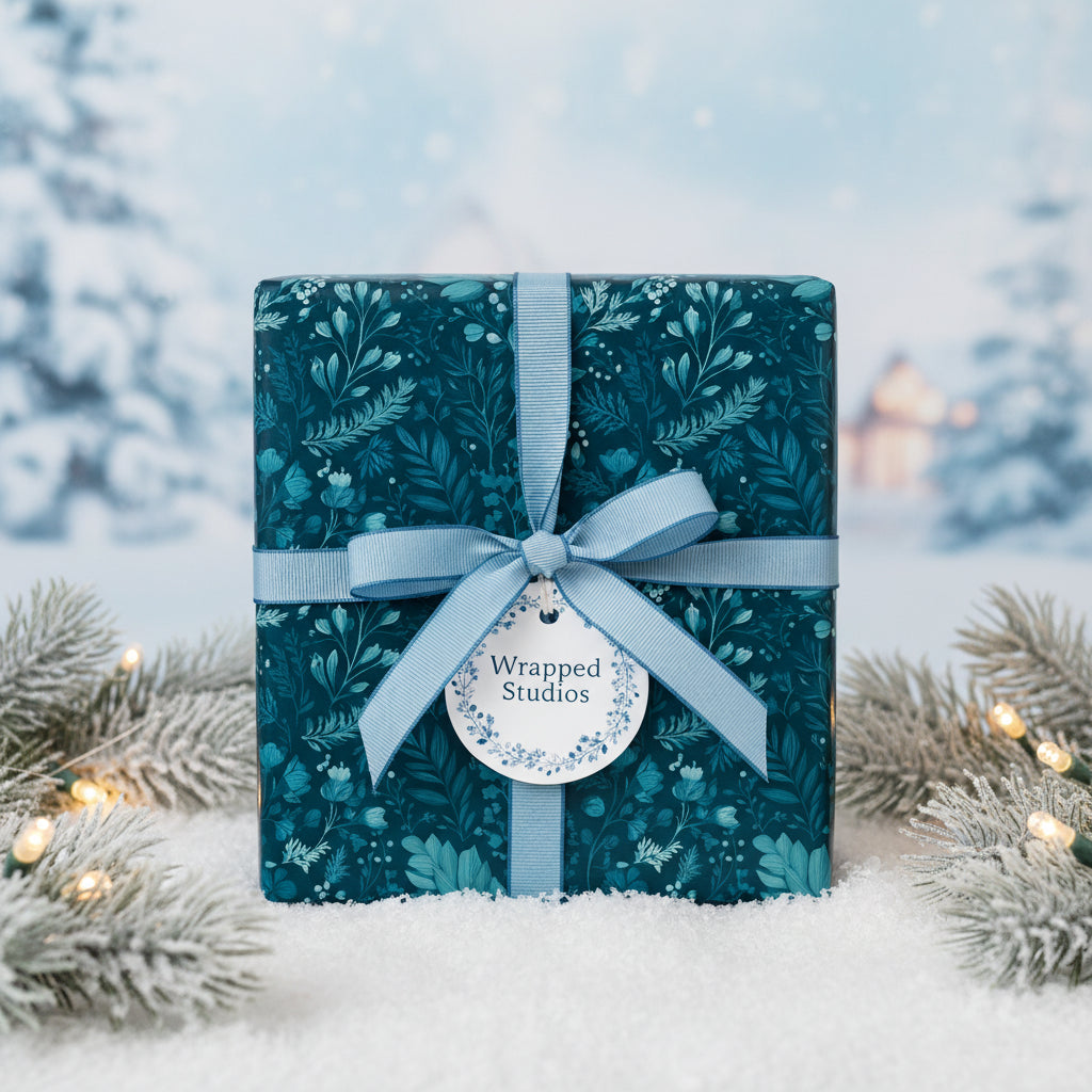 Elegant Christmas gift wrapped in deep teal floral wrapping paper with a light blue ribbon and snowy evergreen branches.