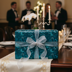 Elegant teal floral wrapping paper with silver ribbon on a gift box at a formal event.