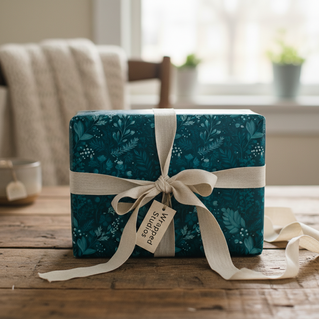 Teal floral wrapping paper with a cream ribbon on a wooden table.