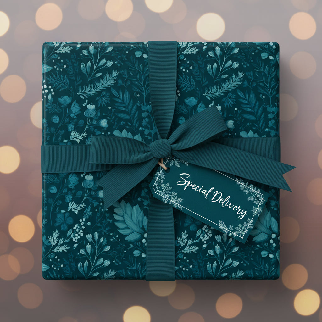Elegant square gift box wrapped in teal floral wrapping paper with ribbon, bow, and "Special Delivery" tag.