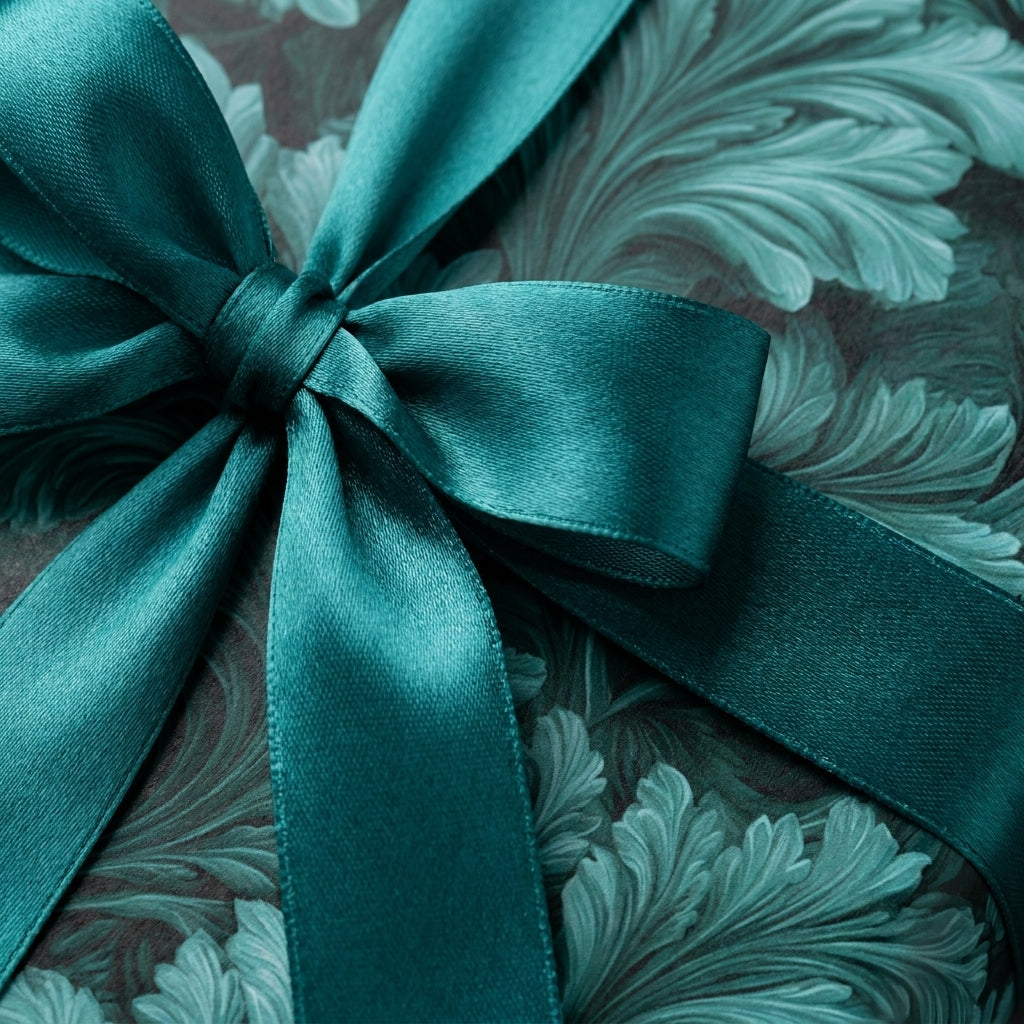Teal botanical wrapping paper with a matching satin ribbon bow, luxury gift wrap by Wrapped Studios.