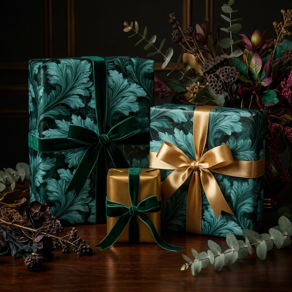 Luxury emerald green botanical floral wrapping paper with gold and velvet bows by Wrapped Studios.