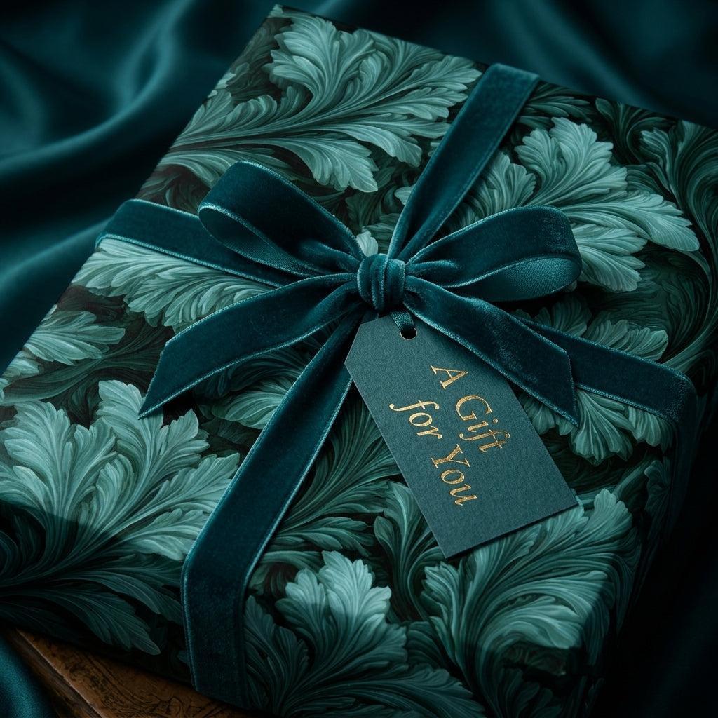 Luxury emerald green botanical wrapping paper with a velvet bow and gift tag by Wrapped Studios.