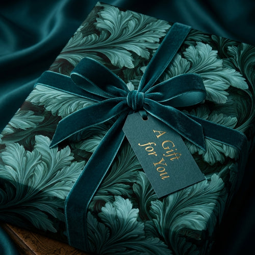 Luxury emerald green botanical wrapping paper with a velvet bow and gift tag by Wrapped Studios.