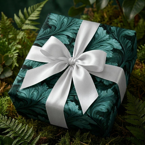Luxury emerald teal botanical wrapping paper with white satin bow on gift box, by Wrapped Studios.