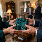 Hands exchanging a gift in luxury emerald green botanical wrapping paper by Wrapped Studios.