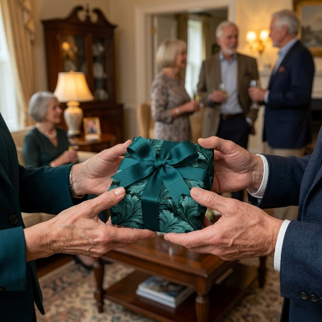 Hands exchanging a gift in luxury emerald green botanical wrapping paper by Wrapped Studios.