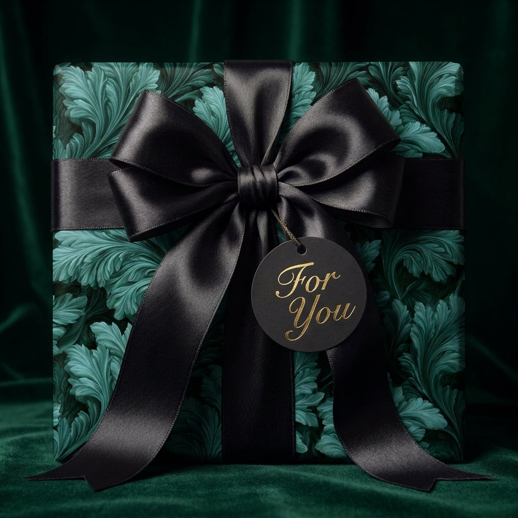 Luxury emerald green botanical wrapping paper with a black satin bow by Wrapped Studios.