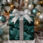 Elegant green holiday wrapping paper with silver bow, luxury Christmas gift wrap by Wrapped Studios.