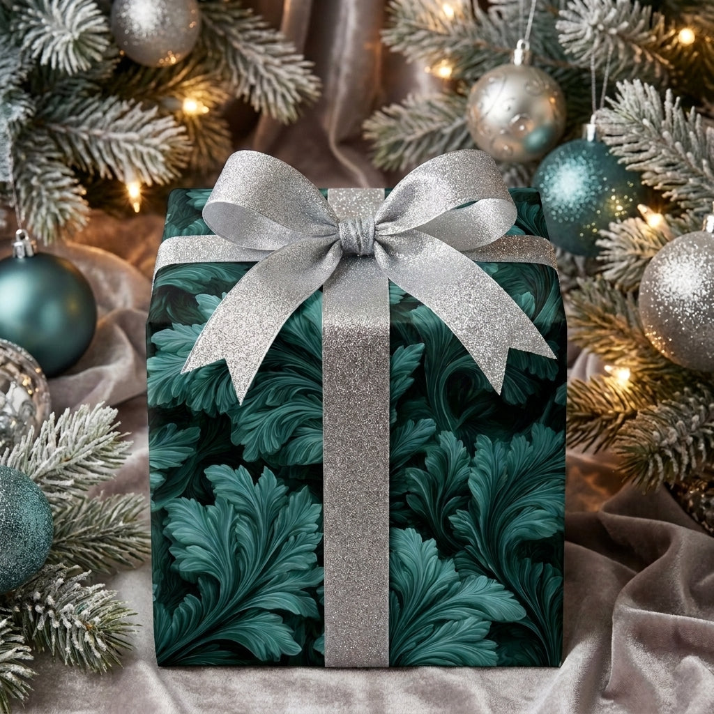 Elegant green holiday wrapping paper with silver bow, luxury Christmas gift wrap by Wrapped Studios.