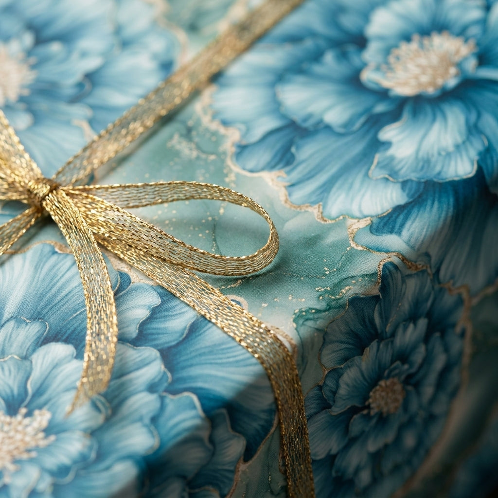 Luxury teal and gold floral wrapping paper with gold ribbon by Wrapped Studios.
