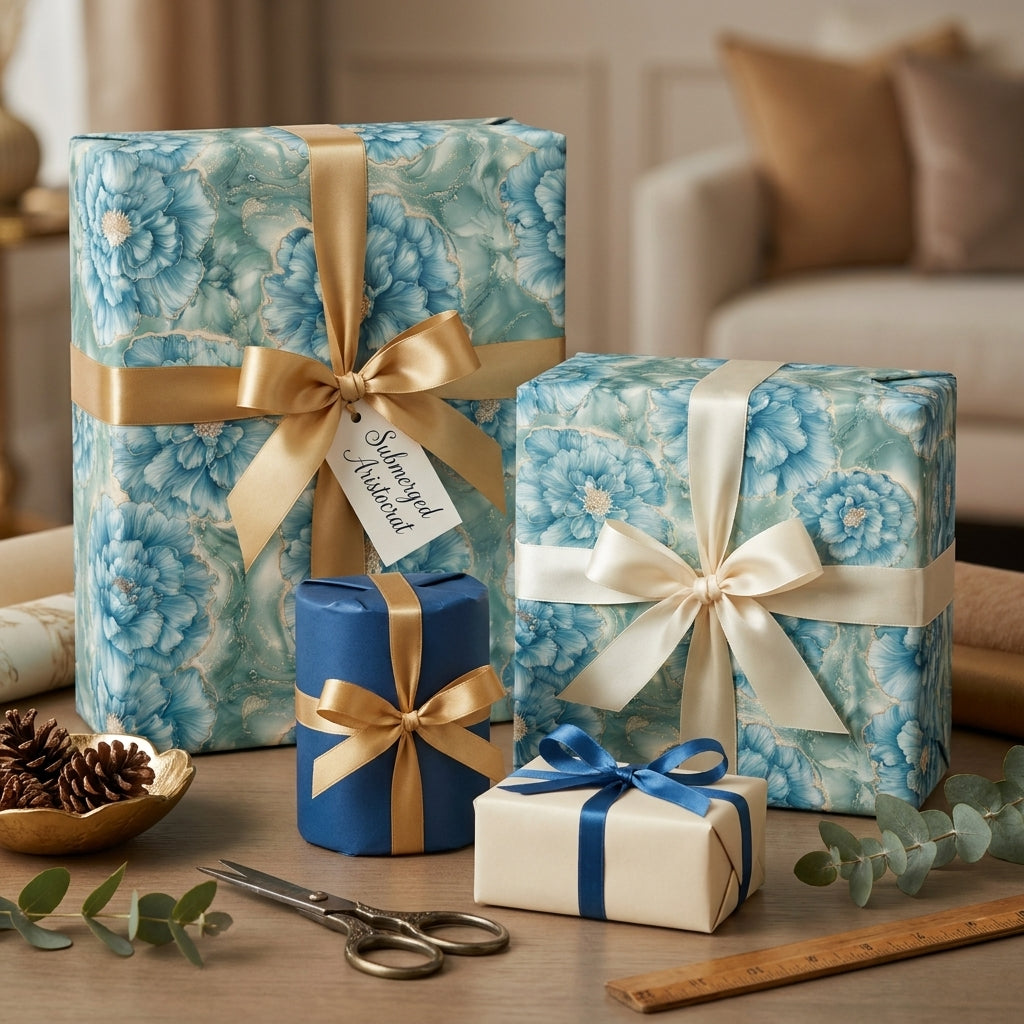 Luxury teal floral wrapping paper on elegant wedding gift boxes by Wrapped Studios.