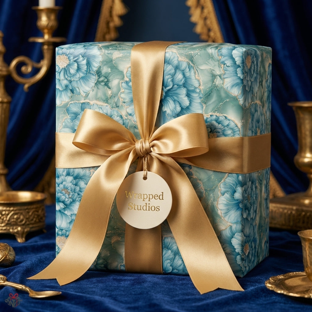 Luxury blue floral wrapping paper with a gold satin bow and gift tag by Wrapped Studios.