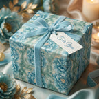 Luxury blue floral wrapping paper with gold accents and a velvet ribbon by Wrapped Studios.