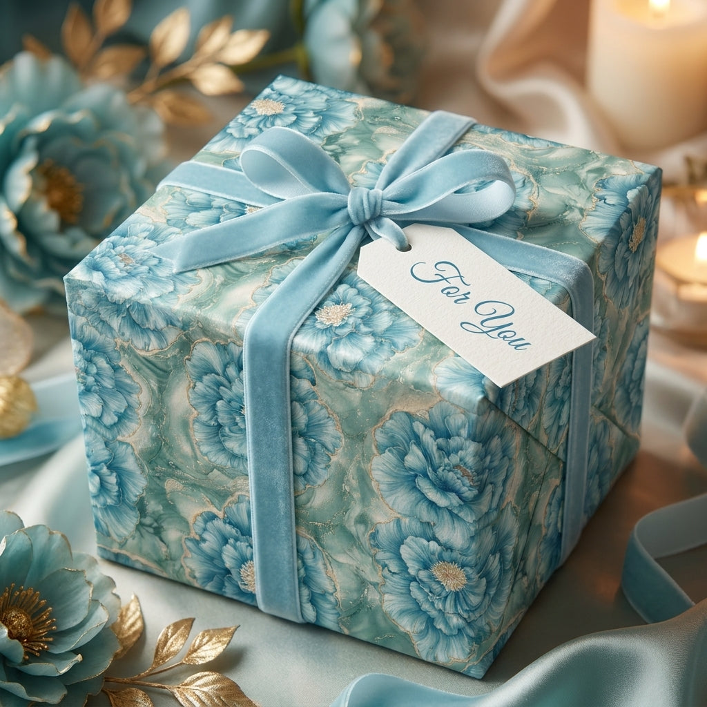 Luxury blue floral wrapping paper with gold accents and a velvet ribbon by Wrapped Studios.