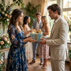 Man giving woman a gift in luxury blue floral wrapping paper with gold ribbon, by Wrapped Studios.