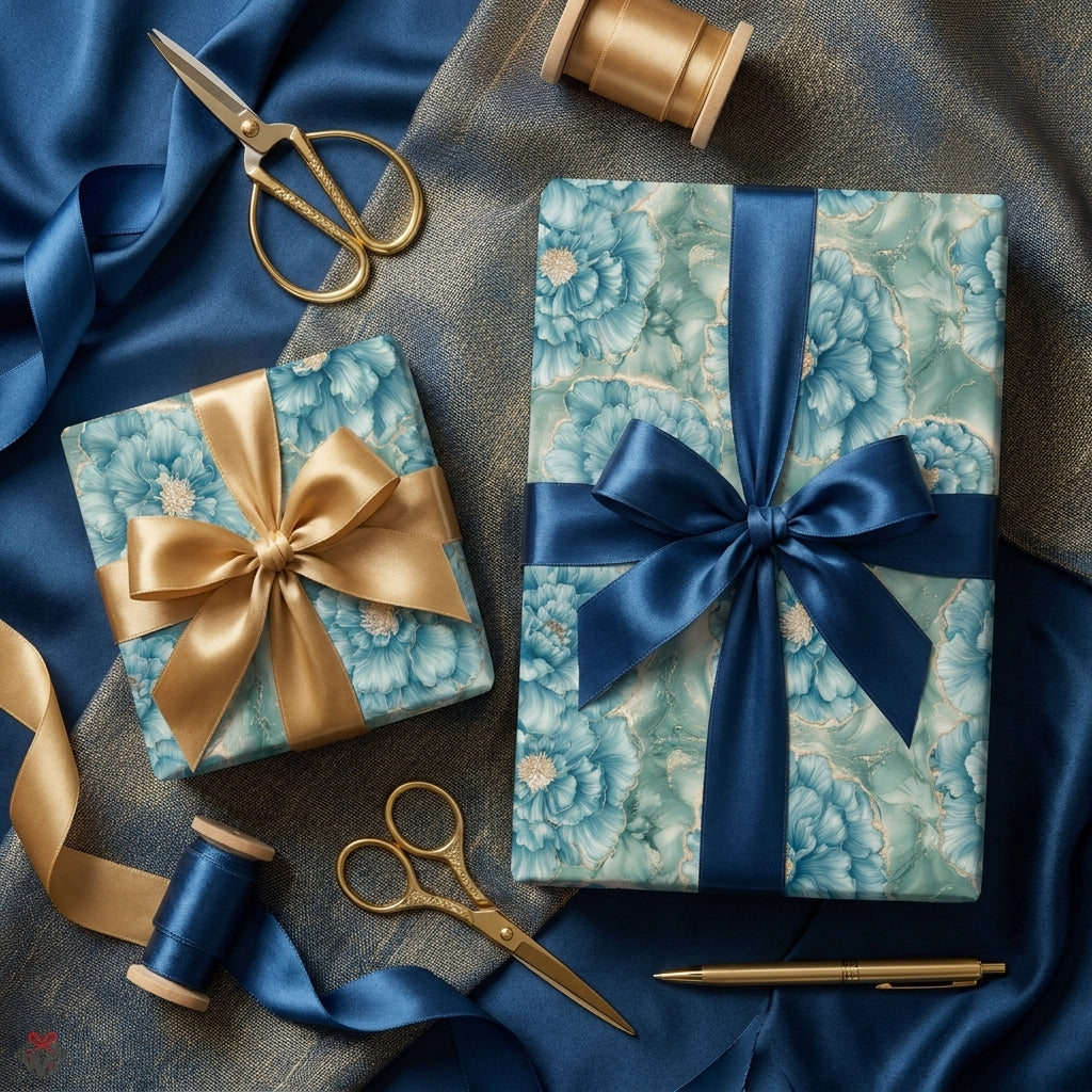 Luxury blue floral wrapping paper on gift boxes with satin bows by Wrapped Studios.