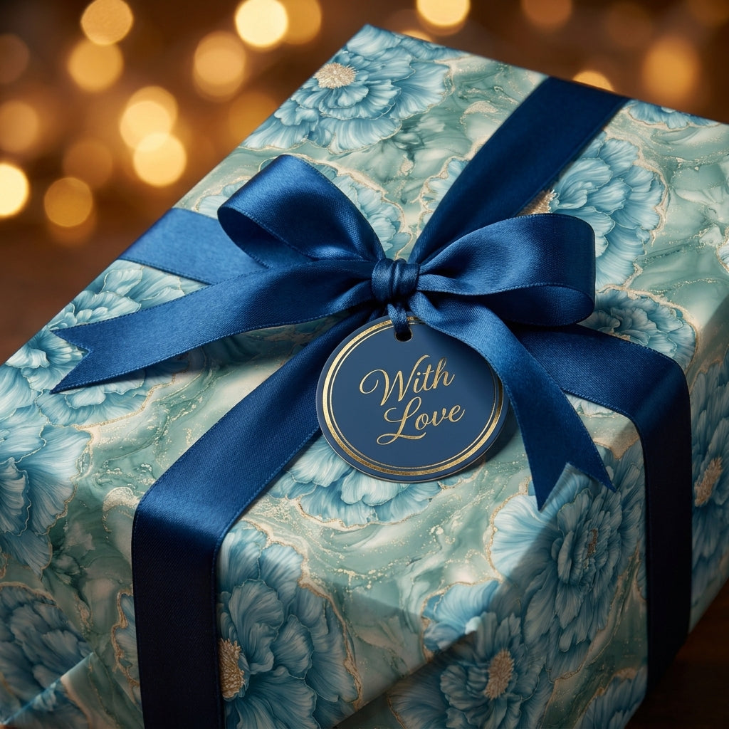 Luxury teal floral wrapping paper with a navy bow and 'With Love' tag by Wrapped Studios.
