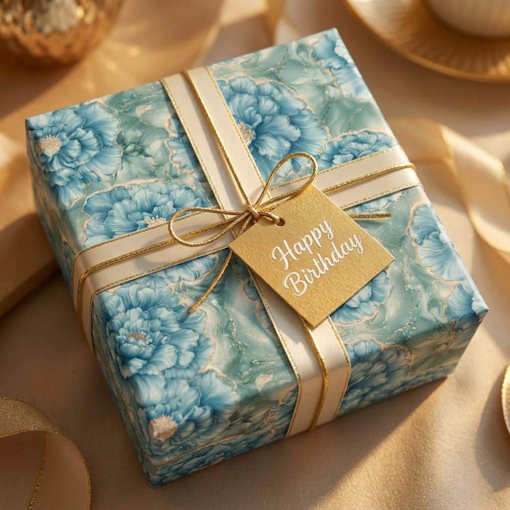 Luxury blue floral birthday wrapping paper with gold ribbon and tag, by Wrapped Studios.