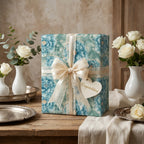 Luxury blue floral wrapping paper with cream lace ribbon on a wedding gift box by Wrapped Studios.