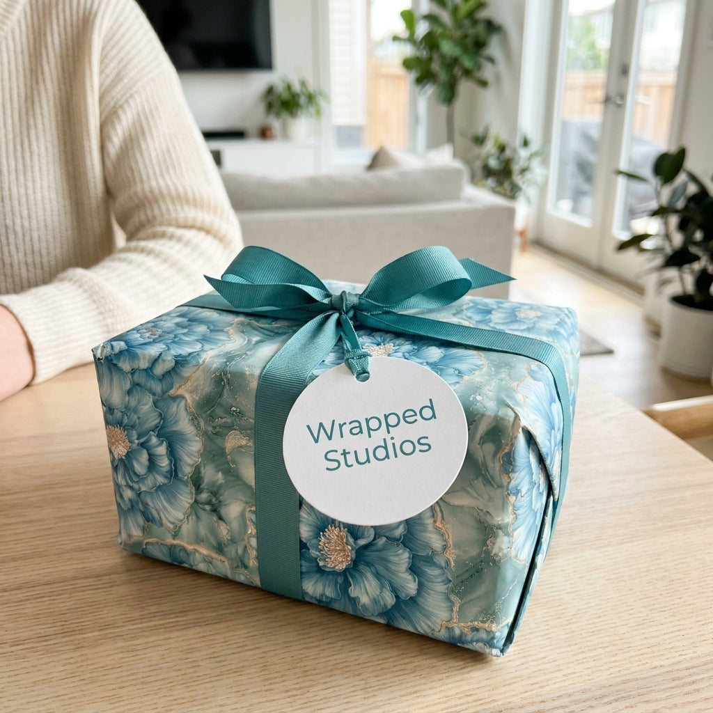 Luxury blue floral wrapping paper with teal ribbon and a Wrapped Studios tag on a gift box.