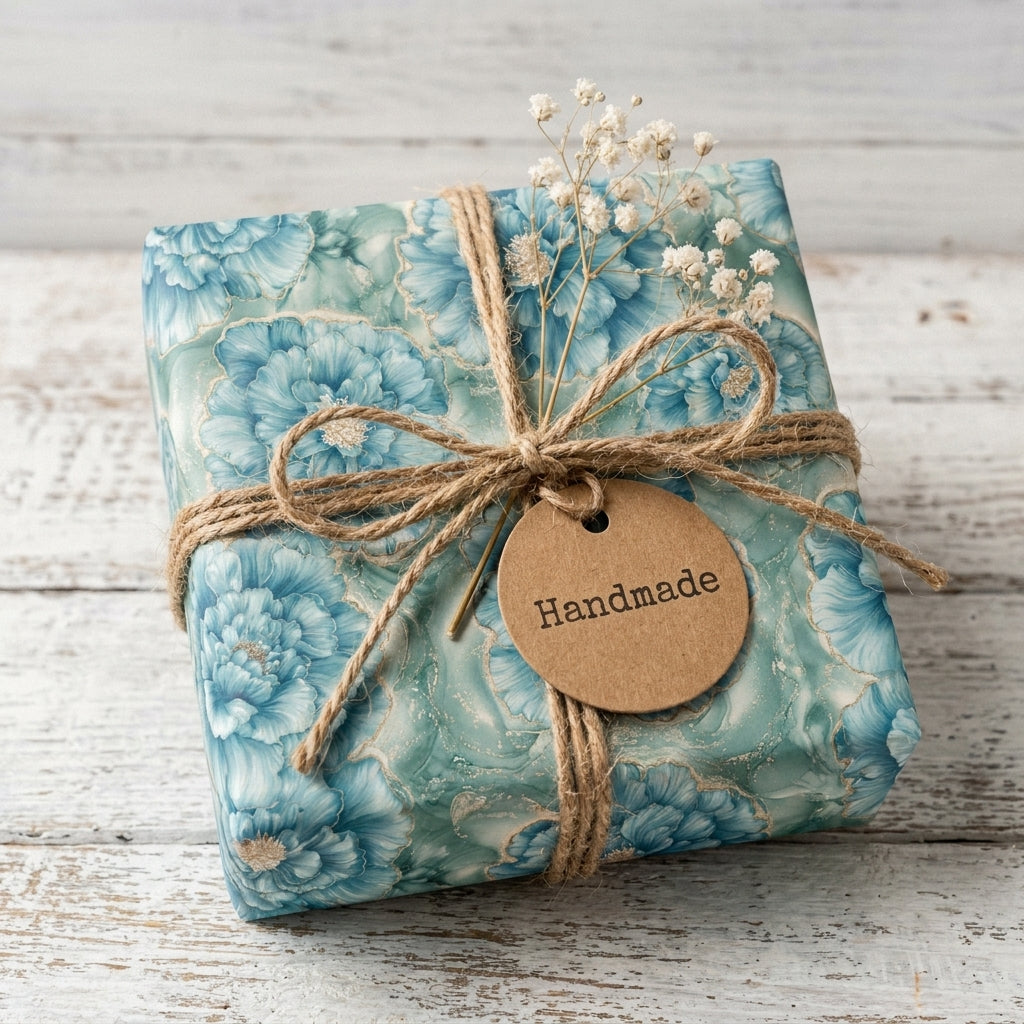 Elegant blue floral wrapping paper with twine bow and handmade tag by Wrapped Studios.