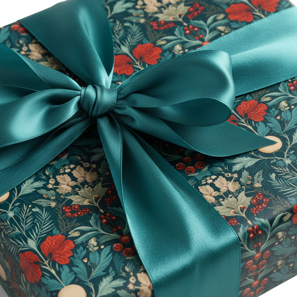 Luxury Christmas floral wrapping paper with a rich dark teal ribbon and a classic botanical pattern.