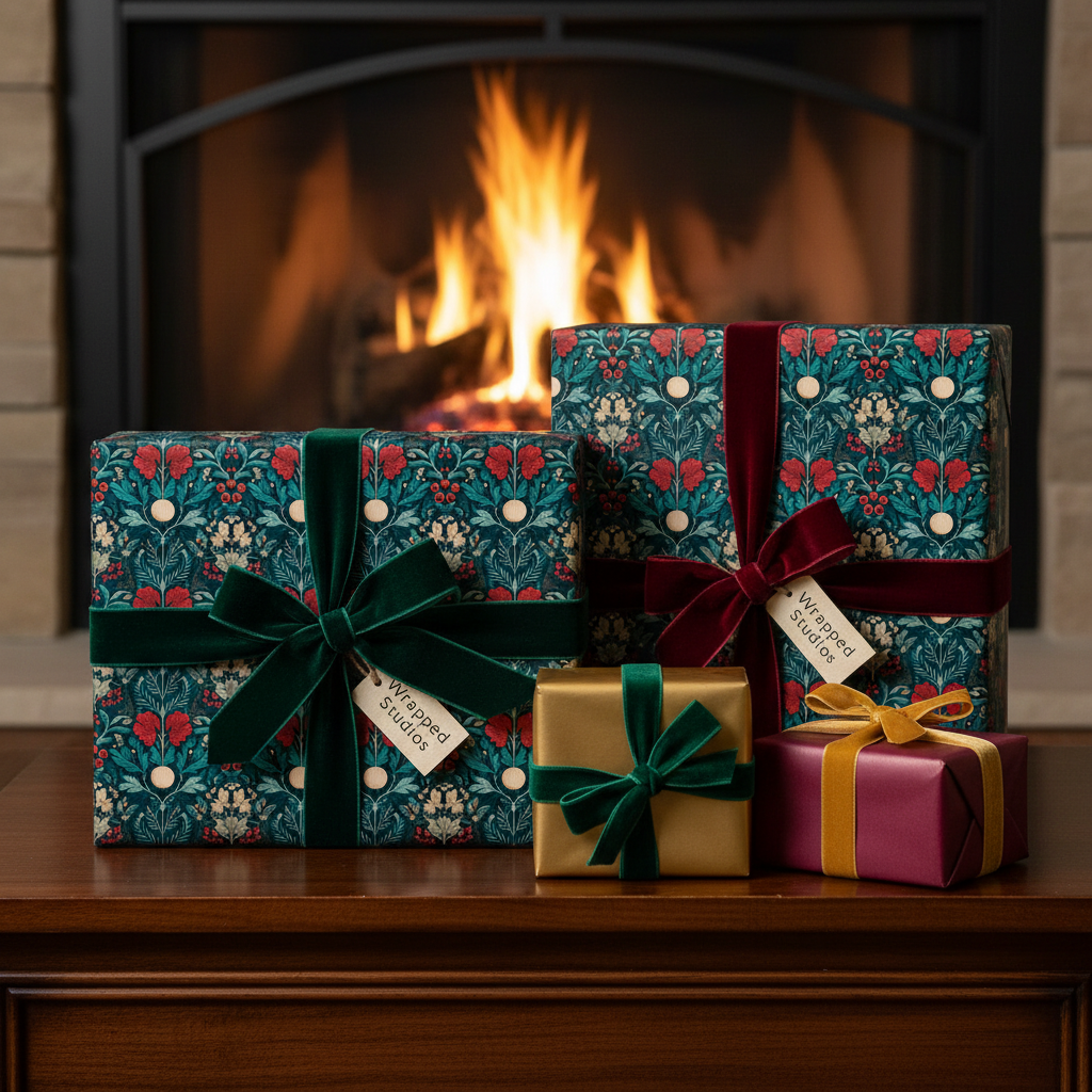 Luxury Christmas wrapping paper with a dark botanical pattern, rich red and green accents, and velvet ribbons by a warm fireplace.