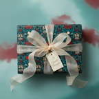 Elegant dark teal botanical wrapping paper with red berries and a sheer cream ribbon, perfect for luxury gifts.