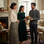Elegant holiday gift exchange with friends; a woman in a green dress receives a luxury botanical pattern gift box with a gold ribbon.
