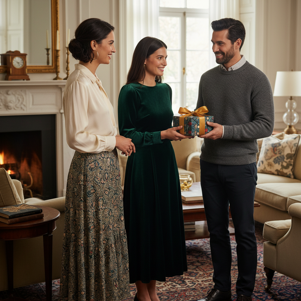 Elegant holiday gift exchange with friends; a woman in a green dress receives a luxury botanical pattern gift box with a gold ribbon.