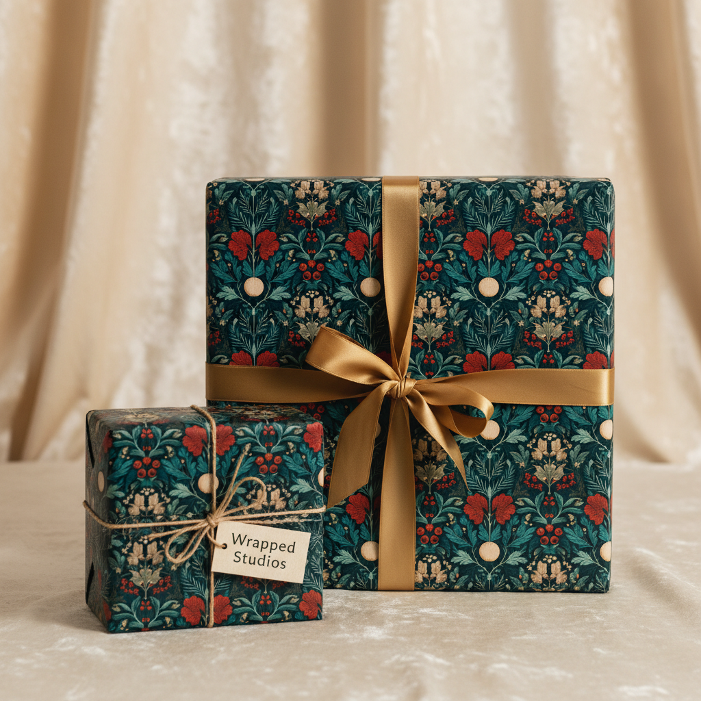 Elegant dark green floral wrapping paper with red and gold accents, tied with a luxurious gold ribbon, perfect for special occasion gift wrap.