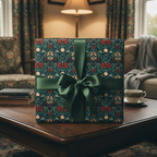 Luxury vintage floral wrapping paper with dark green ribbon, perfect for elegant Christmas or special occasion gifts.