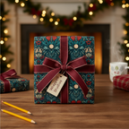 Luxury Christmas gift wrap in deep teal and red floral pattern with a burgundy ribbon, presented on a wooden table by a cozy fireplace.