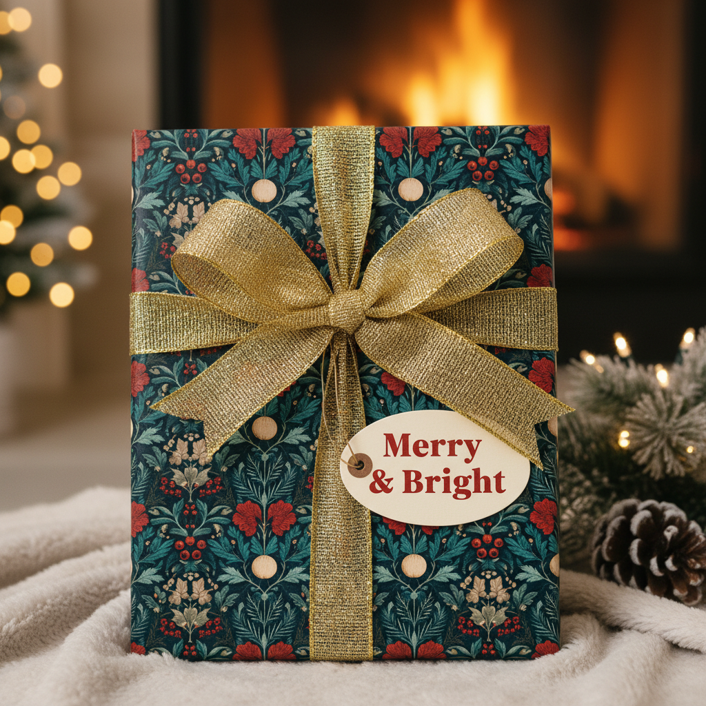 Elegant Christmas gift wrapped in dark floral paper with red and green accents, a gold glitter ribbon, and a "Merry & Bright" tag.