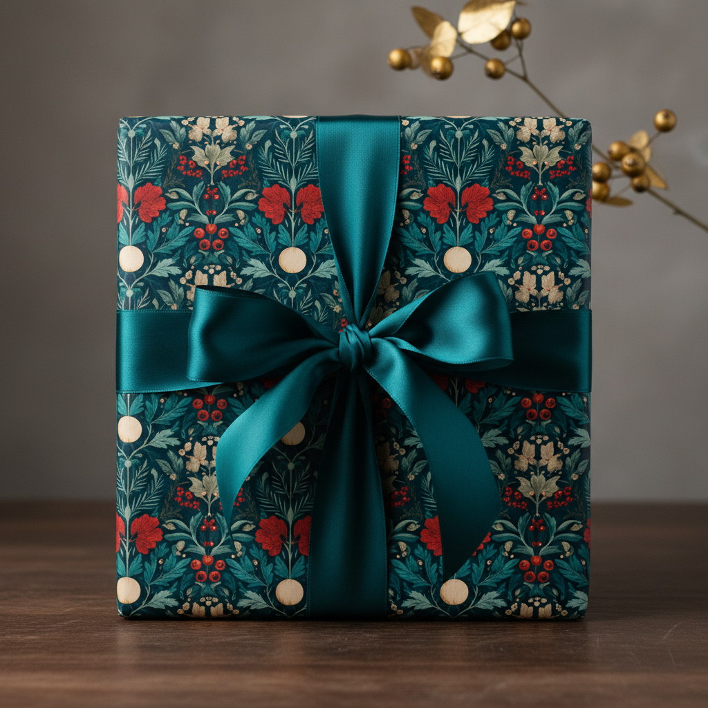 Elegant botanical pattern wrapping paper with red berries and green leaves, tied with a luxurious teal satin bow, perfect for Christmas or winter gifts.