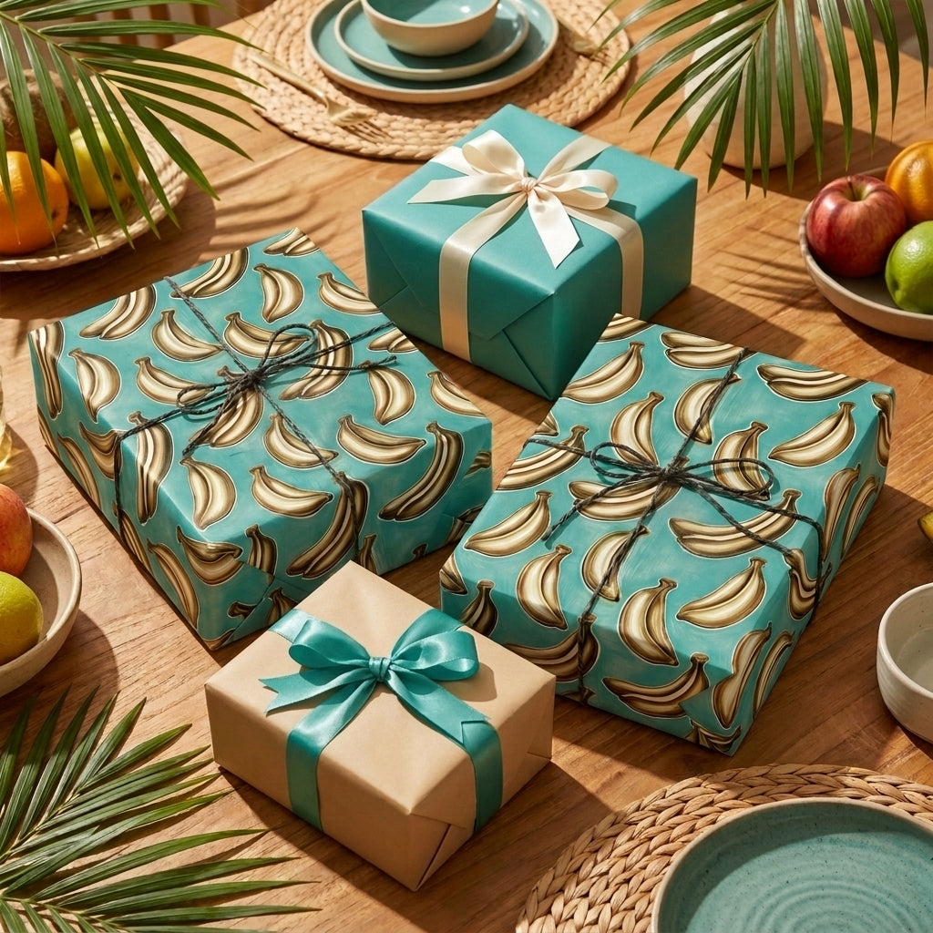 Teal tropical wrapping paper with banana pattern on gift boxes on a wooden table by Wrapped Studios.