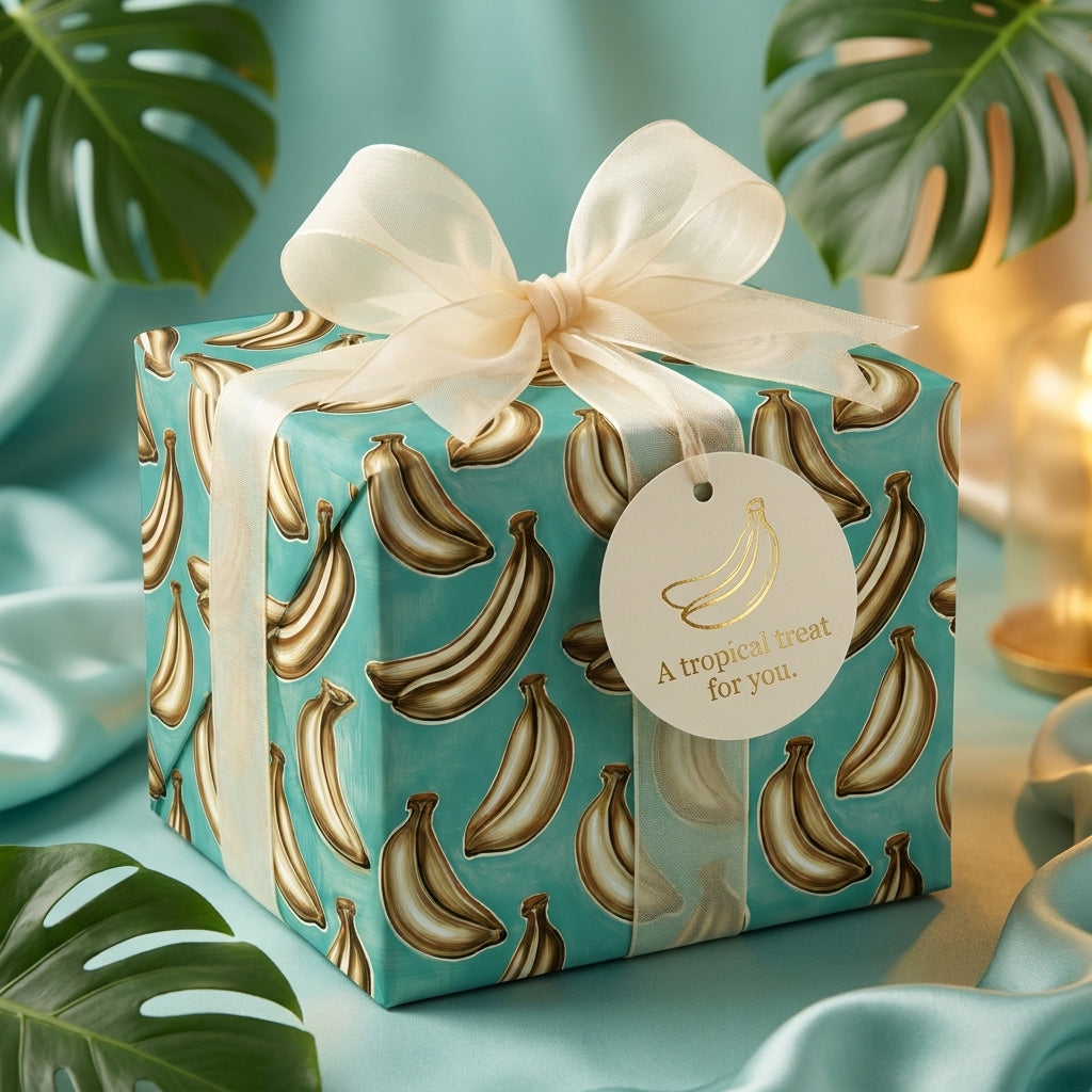 Tropical banana wrapping paper in teal and gold with a luxury cream bow, by Wrapped Studios.