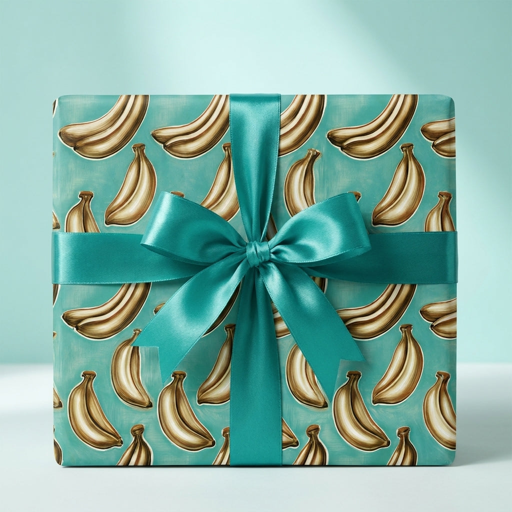Teal banana wrapping paper on a gift box with a satin bow, perfect for unique birthday gifts. Wrapped Studios.