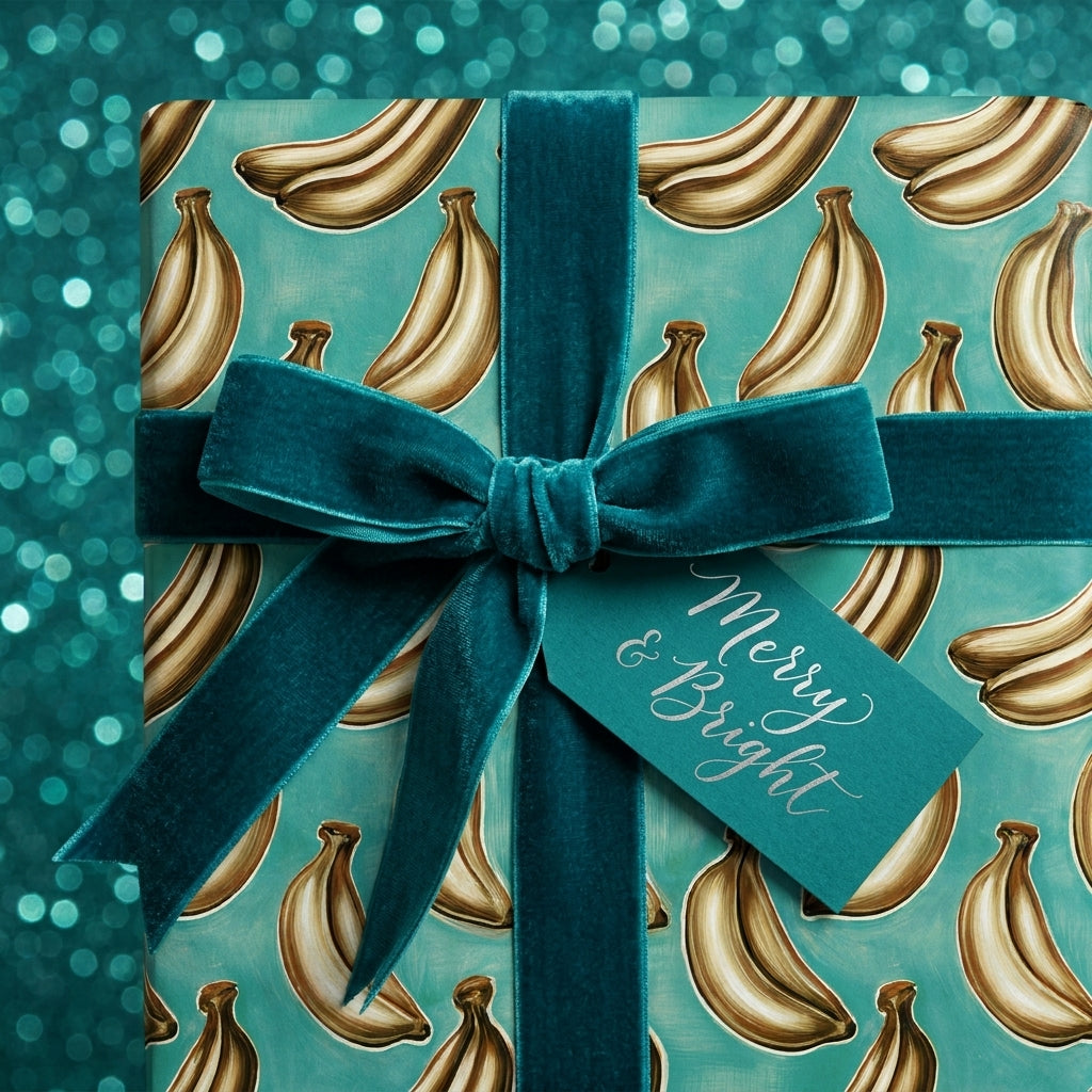 Banana Christmas wrapping paper with teal velvet ribbon and holiday tag by Wrapped Studios.