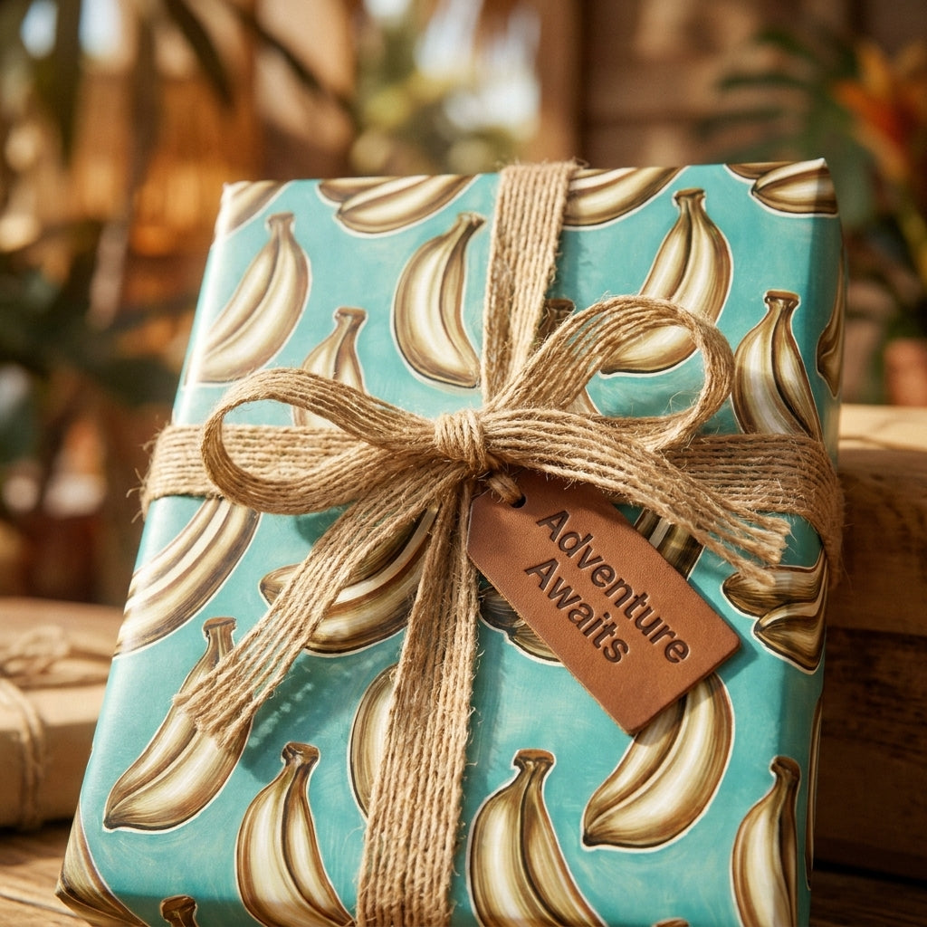 Tropical banana wrapping paper with a rustic twine bow and adventure tag by Wrapped Studios.