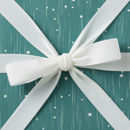 Close-up of a gift wrapped in teal paper with a minimalist star pattern and topped with a white satin bow.