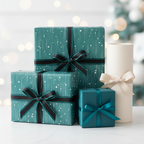 Teal Christmas gift wrap with modern stripe and dot pattern, black ribbon, on a marble table with blurred holiday lights.
